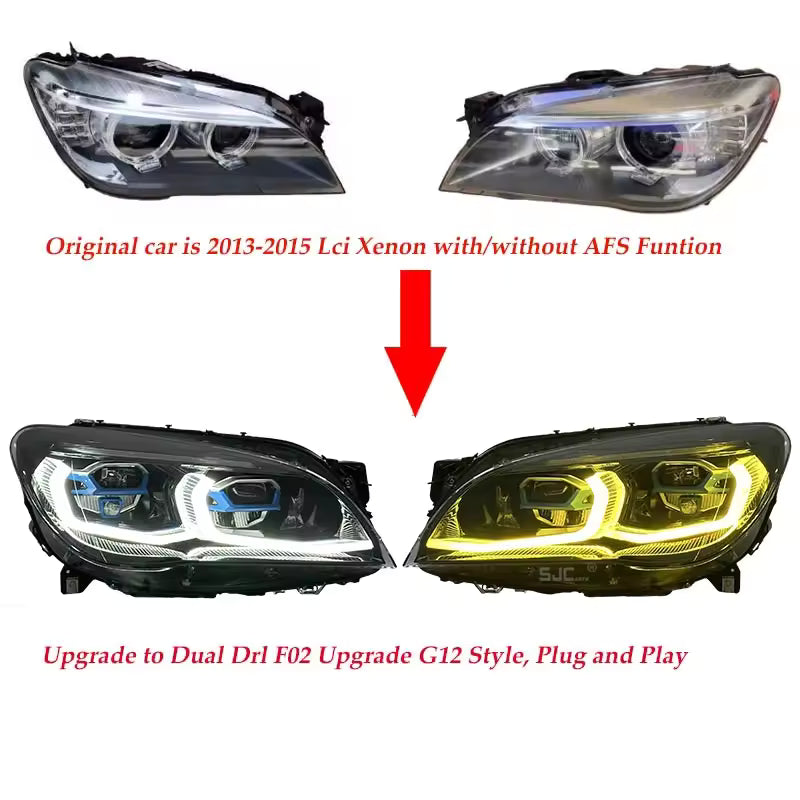 Vekto G12 Style dual-color LED headlights for BMW 7 Series F01/F02 2009-2015, showing bright LED light and sleek headlight design.