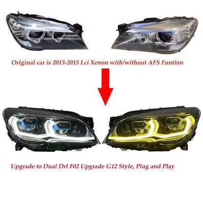 Vekto G12 Style dual-color LED headlights for BMW 7 Series F01/F02 2009-2015, showing bright LED light and sleek headlight design.