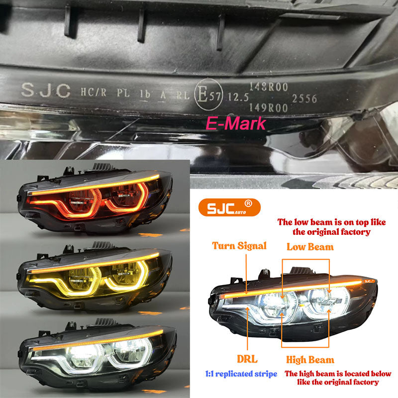 Vekto V3 IKON triple-color LED headlights installed on BMW F32, F33, F36, F80, and F82 models, showcasing bright, colorful illumination.