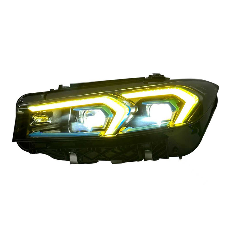 Vekto dual color LED headlight assembly for BMW 3 Series G20 G28, showing close-up of the headlights with dual color LEDs.