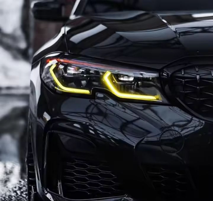 Yellow LED DRL modules with heatsink for BMW G20 G21 G28 3 Series headlights by Vekto, designed for 2020-2022 models.