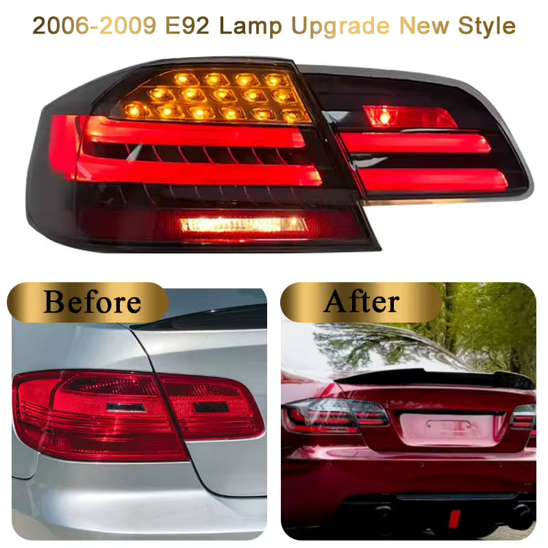Vekto LED tail lights for BMW E92/E93 3 Series and M3 2006-2013, showing bright red and clear lens design.