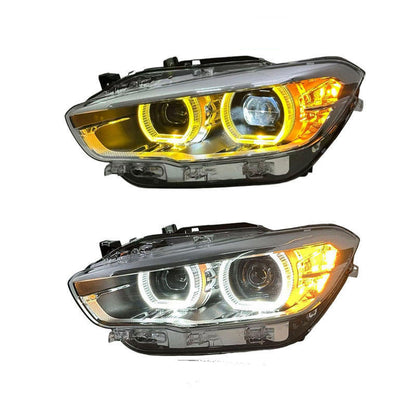 Vekto dual-color LED headlights for BMW F20 1 Series 2015-2018, front view showing bright LED light and headlight design