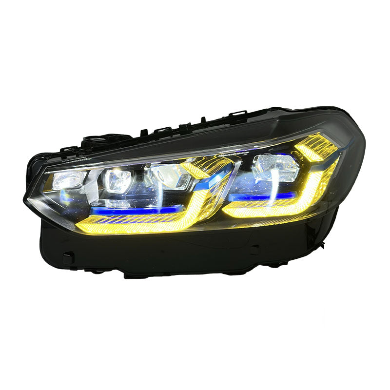 Vekto dual-color LED headlights for BMW X3 G01 2022-2024, close-up of sleek headlight design with dual-color LED elements.