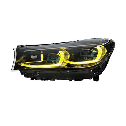 Vekto dual color LED headlights assembly for BMW 7 Series G12 (2016–2018), showing the headlights with bright LED lighting in a close-up image.