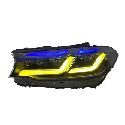 Vekto dual-color LED headlights for BMW G30 G38 5 Series and F90 M5 2018-2020, showing bright LED light and modern design