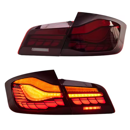 Vekto GTS Dragon Scale LED taillights for BMW 5 Series F10/F18 2011-2017, showing sleek, illuminated rear tail light design.
