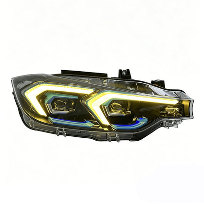 Vekto V2 dual-color LED headlights installed on a BMW F30/F31/F35 3 Series 2012-2018, showcasing bright, modern lighting design