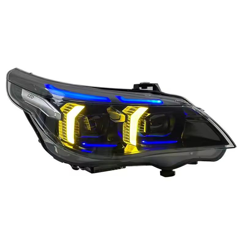 Vekto dual-color snake eyes headlights for BMW E60 5 Series 2003-2010, front view showing black and clear lens design