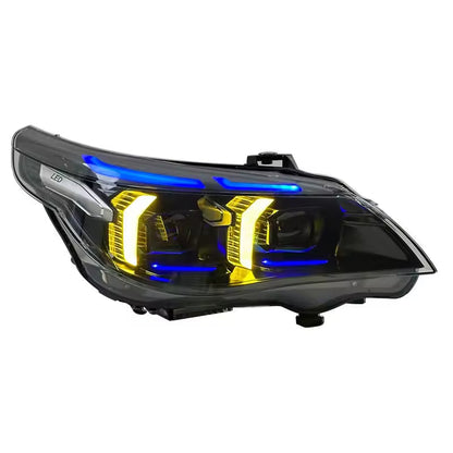 Vekto dual-color snake eyes headlights for BMW E60 5 Series 2003-2010, front view showing black and clear lens design