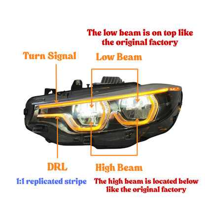 Vekto V2 IKON style color switching LED headlights for BMW 4 Series F32/F36 and M4 F82, showcasing sleek headlight design with color options.