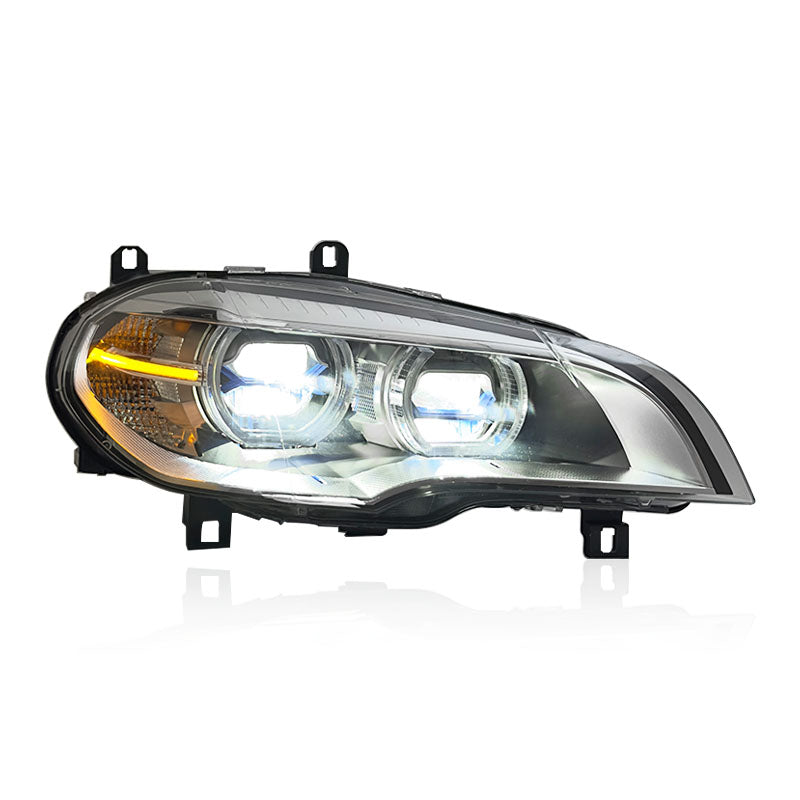 Vekto LED headlights for BMW X5 E70 2007-2013, showing the sleek headlight design with bright LED bulbs in a close-up view.