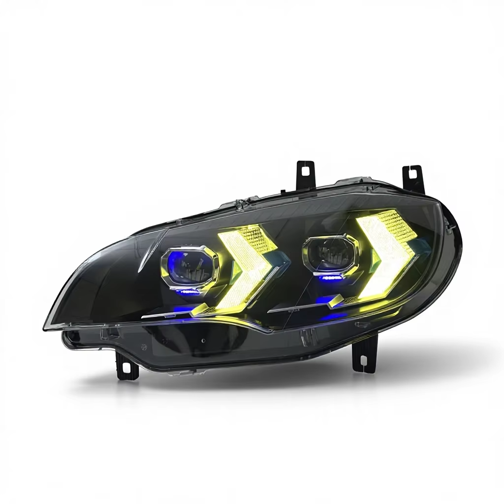 Dual-color LED headlights for BMW X6 E71 (2008-2014) by Vekto, showing the headlight design with dual-color LED lighting.