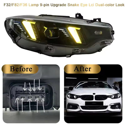 Vekto Snake Eye dual-color LED headlights for BMW F32/F36/F80/F82 M3 & M4 2013-2019, showing the sleek headlight design and LED lighting.