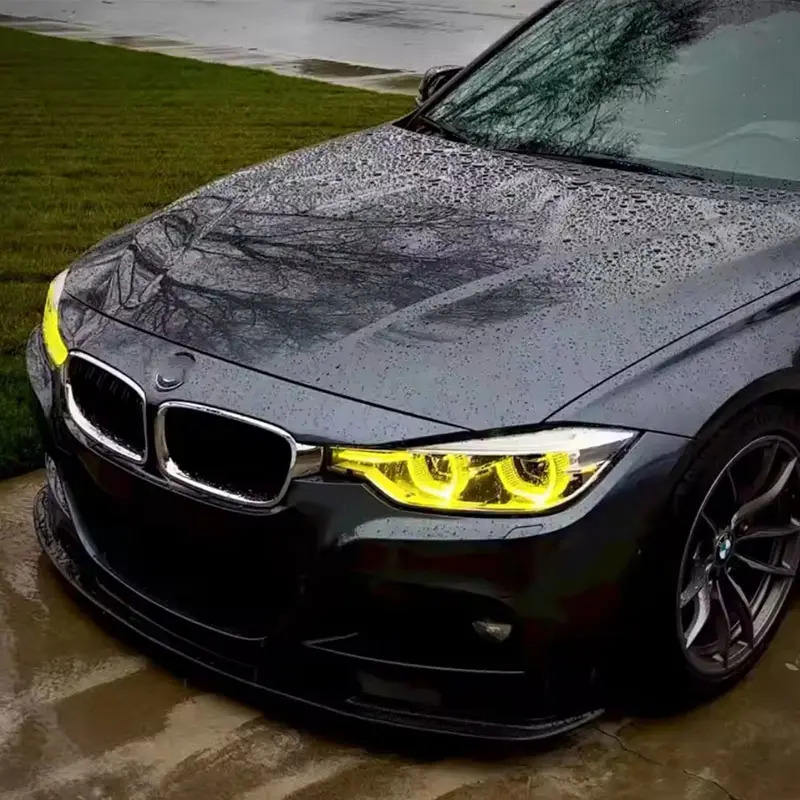 Vekto RGB LED DRL modules for BMW F30/F31/F35 2012-2015 pre-LCI xenon headlights, showing the headlight with colorful DRL strips