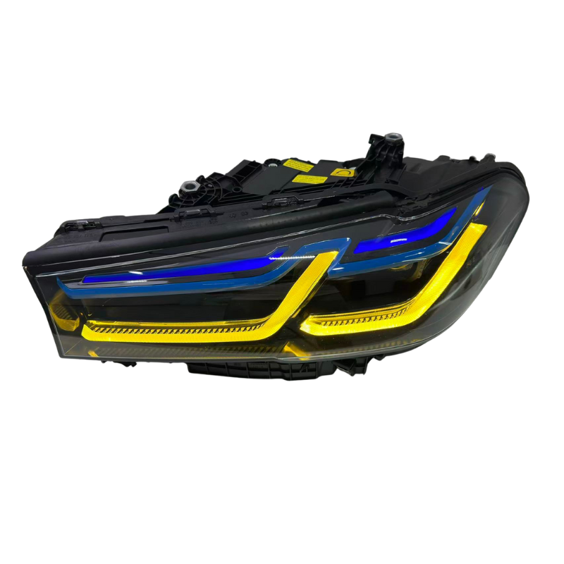 Vekto triple-color LED headlights for BMW 5 Series G30 G38 LCI 2021-2023, showing close-up of headlight design and lighting features.