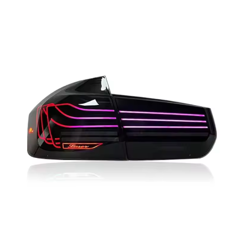 BMW F30/F35/F80 M3 RGB LED taillights by Vekto, showing sleek, illuminated taillight design with vibrant RGB lighting details.