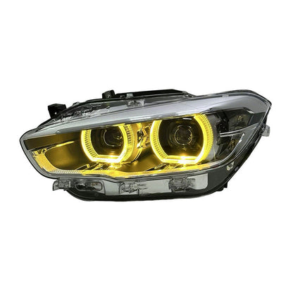 Dual color LED headlights assembly for BMW 1 Series F20 by Vekto, showing the sleek headlight design with dual color LEDs.