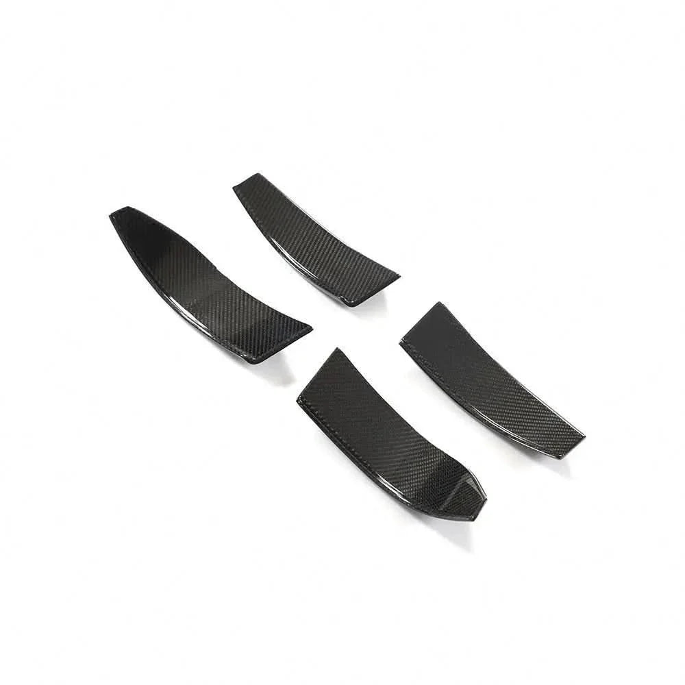Carbon fiber front splitter with canards and fins for BMW G80 M3, G82 G83 M4, featuring aerodynamic design by K2 Industries