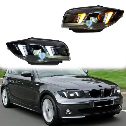 Vekto LED headlights assembly for BMW 1 Series E82 E87 models, 2004-2011, showing the headlight components and design details.