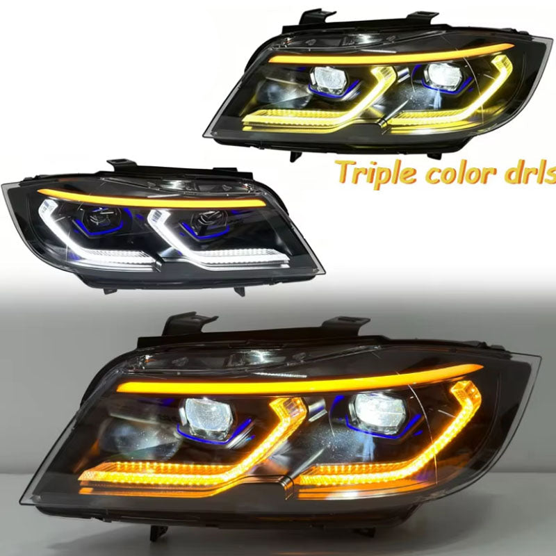 Vekto BMW E90 headlights with tri-color DRL and smoked lens for 2005-2011 BMW E90 series, showcasing LED headlight design.