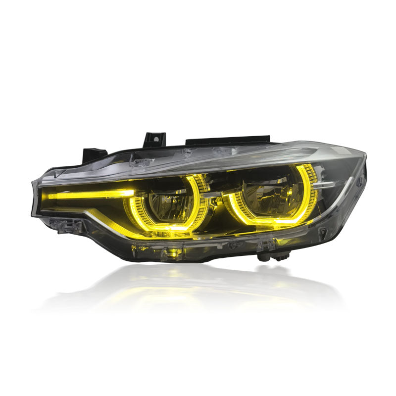 Vekto dual-color LED headlights for BMW 3 Series F30/F35 2013-2018, showcasing sleek design and bright illumination.