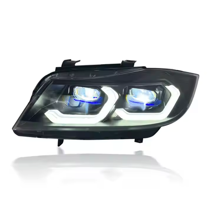 Vekto LED headlights assembly for BMW 3 Series E90, 2005–2012, showing the headlight units with bright LED bulbs and sleek design.