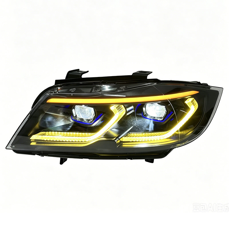 BMW E90 tri-color DRL LED headlights by Vekto with smoked finish, designed for 2005–2011 BMW E90 models, showing the headlight assembly.
