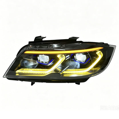 BMW E90 tri-color DRL LED headlights by Vekto with smoked finish, designed for 2005–2011 BMW E90 models, showing the headlight assembly.