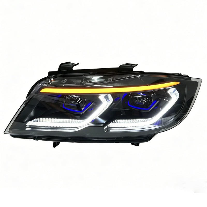 BMW E90 headlight with Vekto smoked tri-color DRL LED upgrade, showing sleek smoked lens and modern LED daytime running lights.