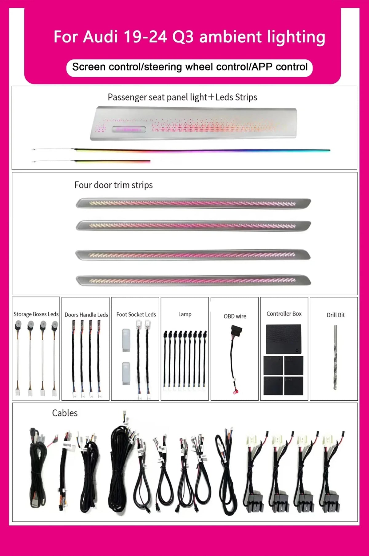 Audi Q3 Interior 64-Color Dynamic LED Ambient Light Kit 2019 - 2024 - AudiGear.com - Interior Lighting