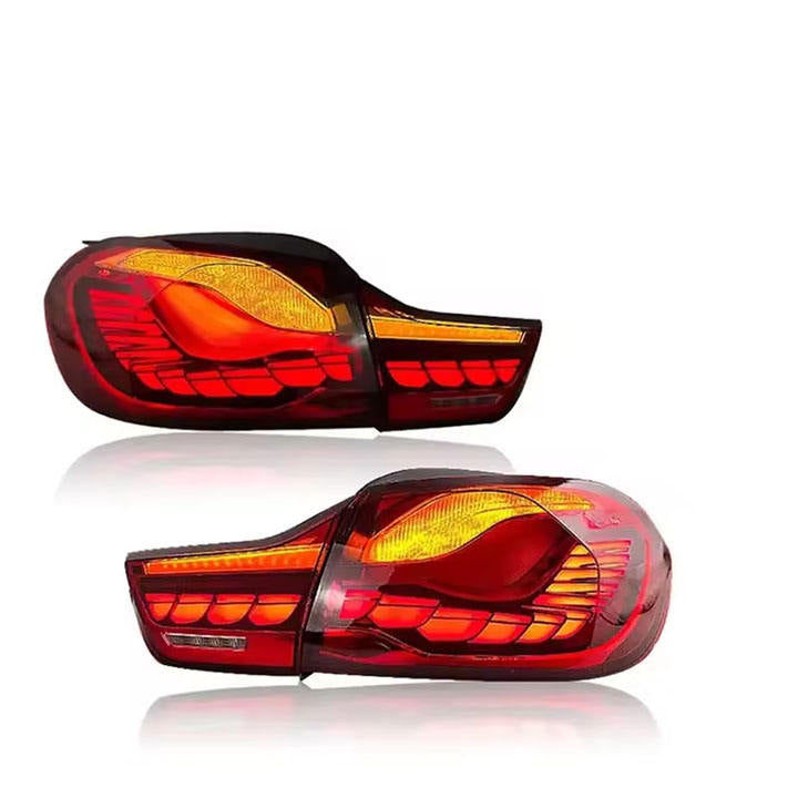 BMW 4 Series F32/F33/F36 and M4 F82 Dragon Scale LED taillights by Vekto, showcasing sleek red and black automotive lighting design.