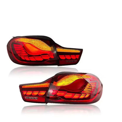 BMW 4 Series F32/F33/F36 and M4 F82 Dragon Scale LED taillights by Vekto, showcasing sleek red and black automotive lighting design.