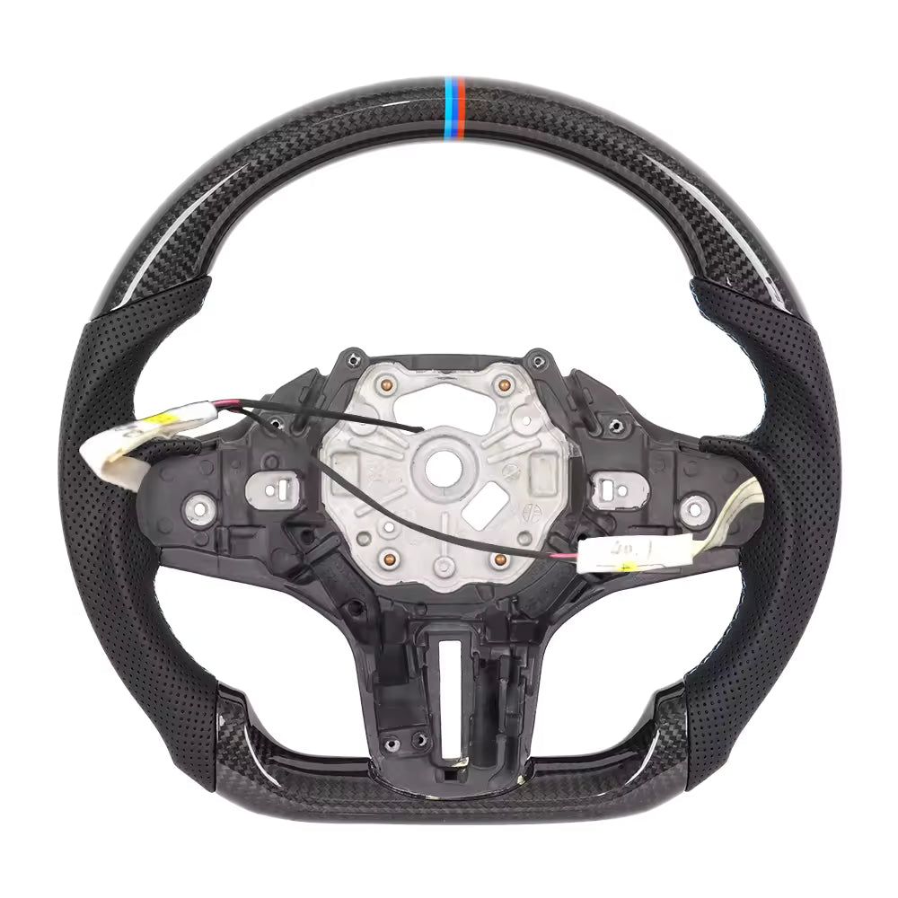 Vekto heated carbon fiber steering wheel for BMW G20 G80 G82 M3 M4, featuring textured carbon fiber surface with heating controls.