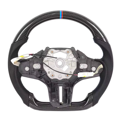 Vekto heated carbon fiber steering wheel for BMW G20 G80 G82 M3 M4, featuring textured carbon fiber surface with heating controls.