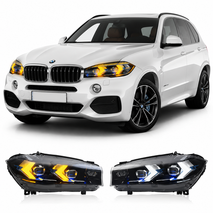 Vekto Snake Eyes style LED headlights assembly for BMW X5 F15 (2013–2019), front view showing headlamp design and LED details.