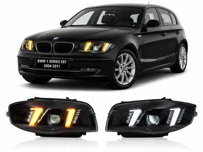 Vekto dual color LED headlight for BMW 1 Series E87 2004-2011, showing the bright LED lighting and headlight design.