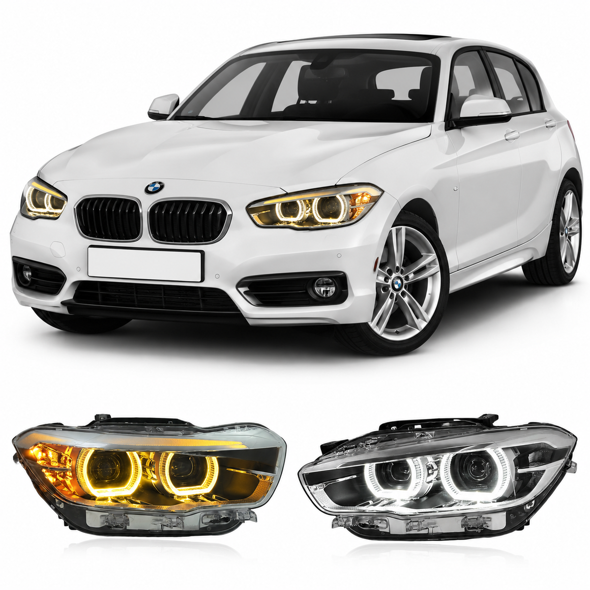 Vekto dual color LED headlight assembly for BMW 1 Series F20 (2015-2018), showing the sleek headlight design with LED elements.