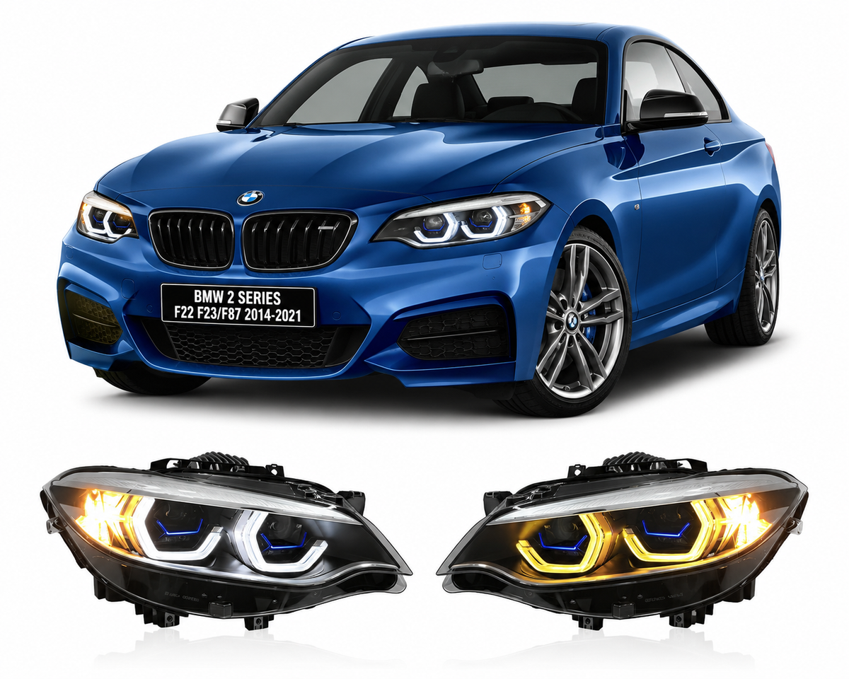 Vekto laser dual lens LED headlights for BMW 2 Series F22, F23, F87 M2 2014-2021 showing dual-color LED headlight assembly