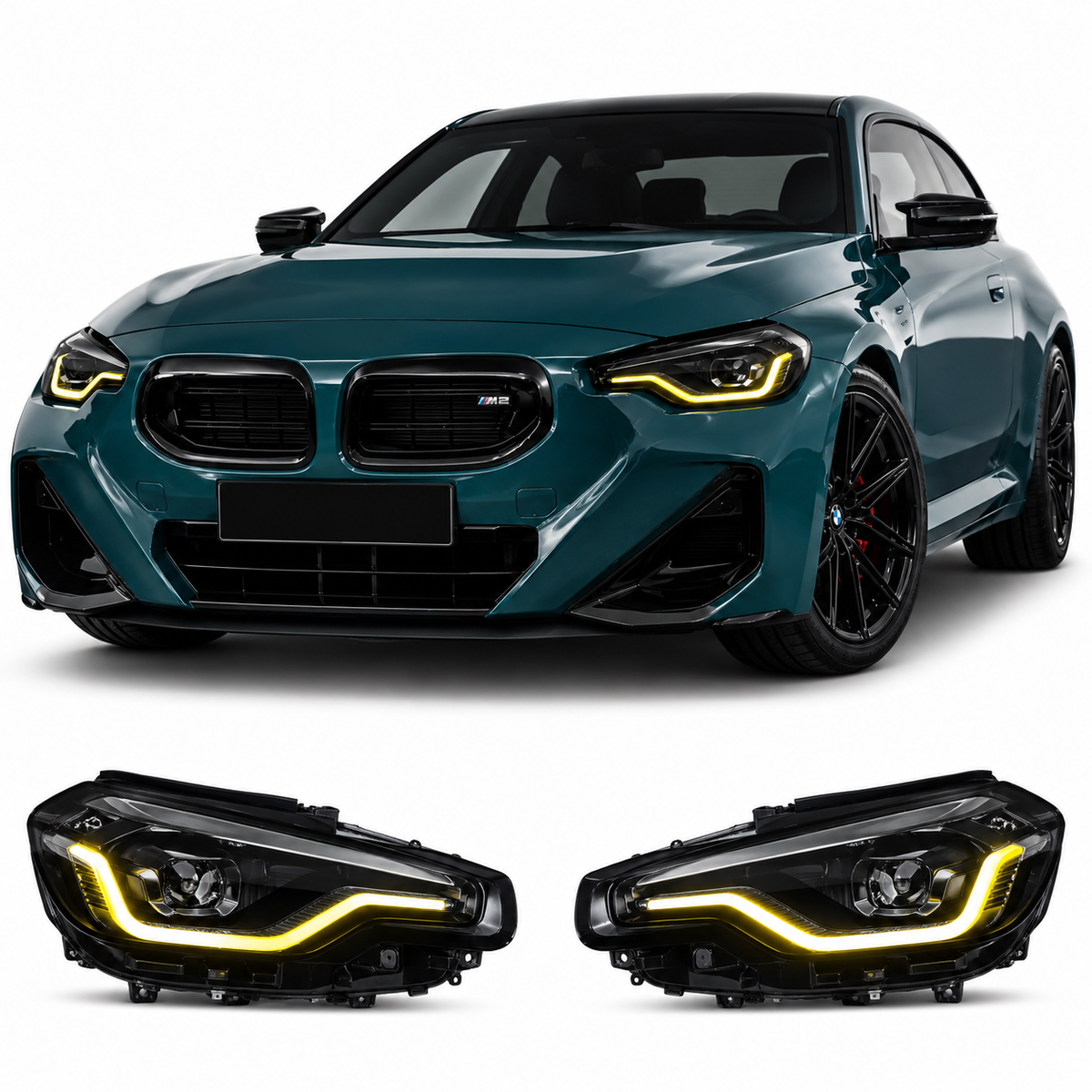 Vekto dual-color LED DRL modules installed in BMW G42 2 Series and G87 M2 headlights, showcasing modern daytime running lights.