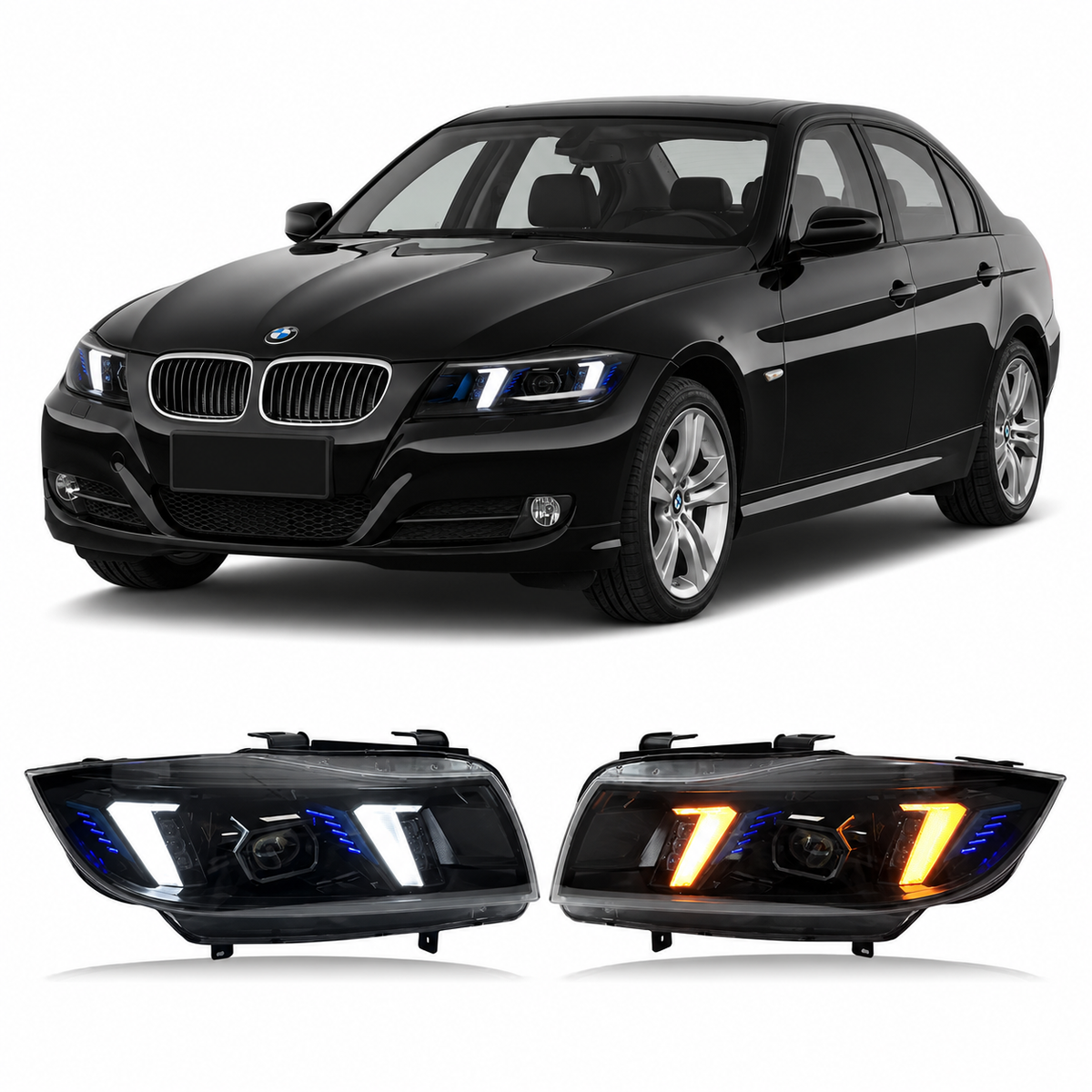 Vekto Snake Eyes LED headlights for BMW E90 2005-2012 3 Series 330i 320i, showing front view of the headlight assembly