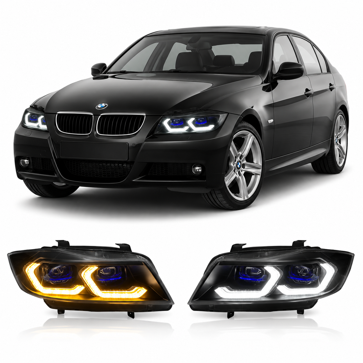 Vekto dual color LED laser headlight assembly for BMW 3 Series E90 2005-2012, front view showing headlights with blue and white lighting.