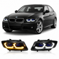 Vekto dual color LED laser headlight assembly for BMW 3 Series E90 2005-2012, front view showing headlights with blue and white lighting.