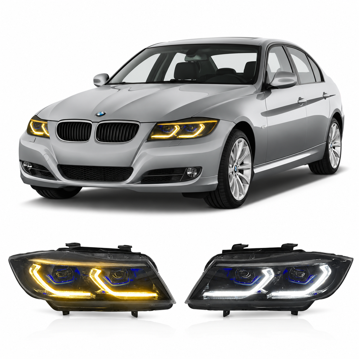 Vekto dual-color LED headlight for BMW 3 Series E90/E91 2005-2012 with clear lens and modern lighting design.