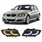 Vekto dual-color LED headlight for BMW 3 Series E90/E91 2005-2012 with clear lens and modern lighting design.