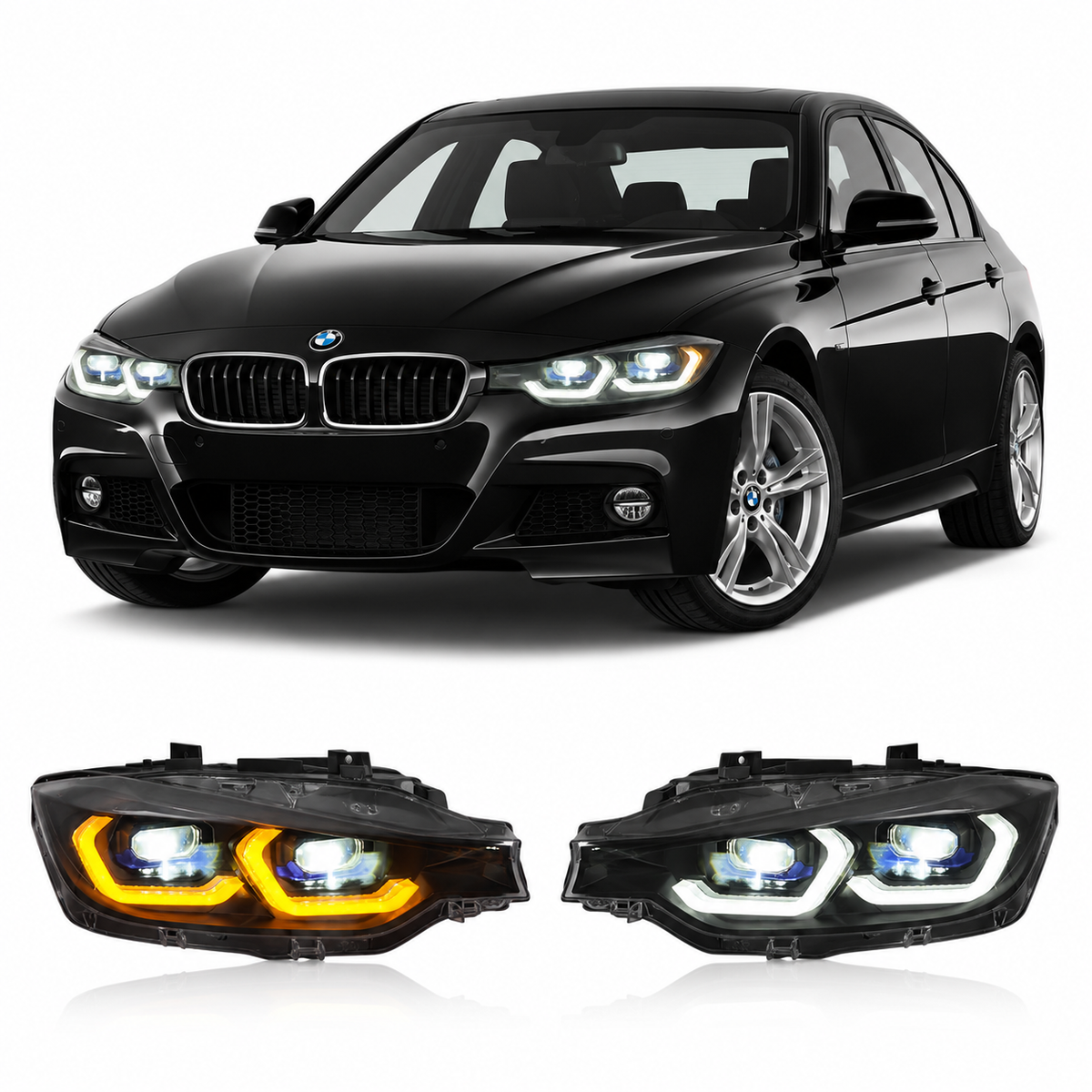 Vekto LED headlight assembly for BMW 3 Series F30 (2013–2018), showing dual headlights with clear lenses and modern design.