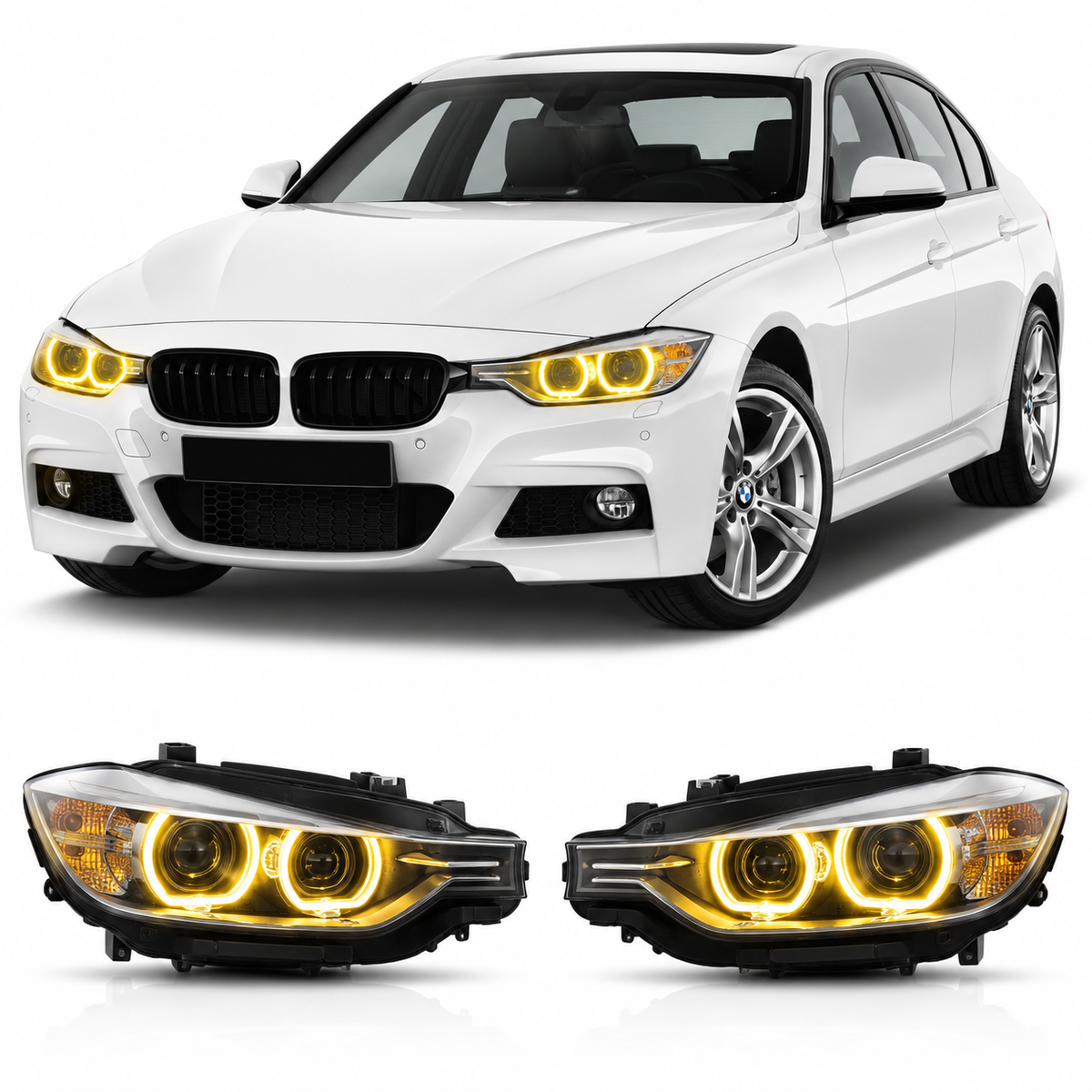 Vekto CSL Yellow LED DRL modules installed in BMW F30/F31 pre-LCI headlights for 2012-2015 3 Series.