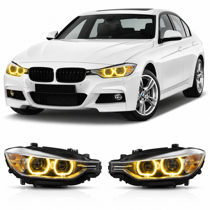 Vekto CSL Yellow LED DRL modules installed in BMW F30/F31 pre-LCI headlights for 2012-2015 3 Series.