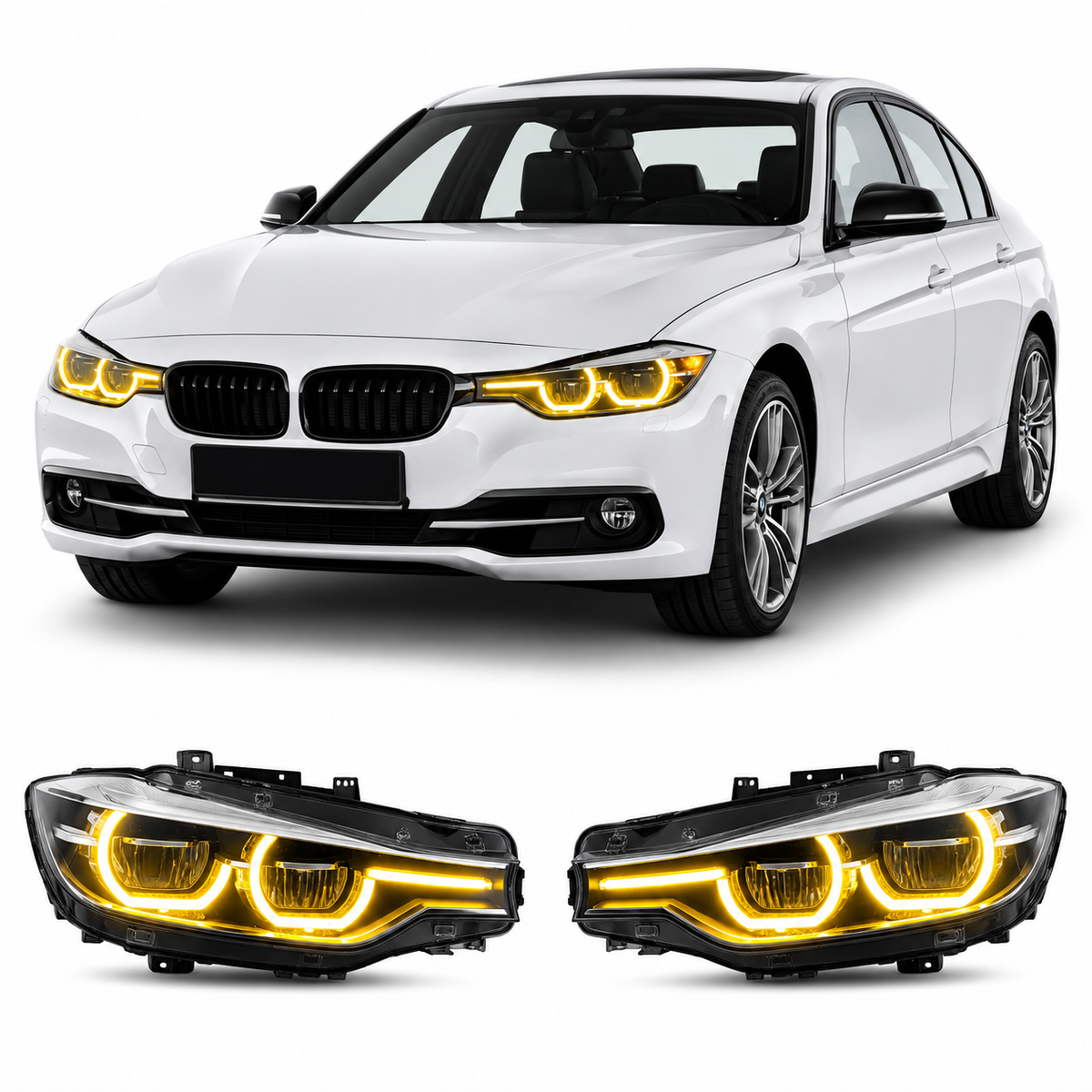 Vekto dual-color LED DRL modules installed in BMW F30/F31/F35 3 Series headlights, 2016–2019, showing daytime running lights.