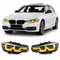 Vekto dual-color LED DRL modules installed in BMW F30/F31/F35 3 Series headlights, 2016–2019, showing daytime running lights.